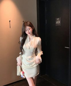 Autumn Satin Chiffon Ruffled V-Neck White Dress - High Waist Slim Fit Elegant Short Skirt for Fall Fashion