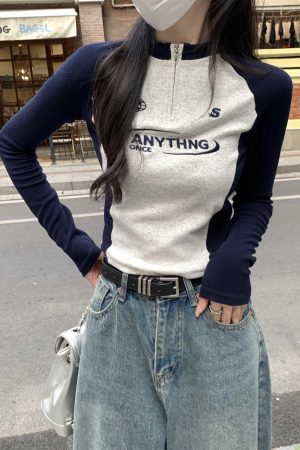 Autumn Spicy Girl Long Sleeve T-Shirt for Women, Slim-Fit Embroidered, Zipper Inner Layer, Spliced Design, Trendy Fashion Top