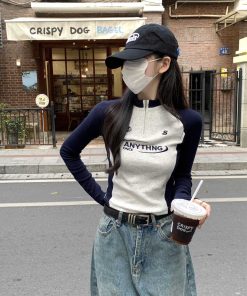 Autumn Spicy Girl Long Sleeve T-Shirt for Women, Slim-Fit Embroidered, Zipper Inner Layer, Spliced Design, Trendy Fashion Top