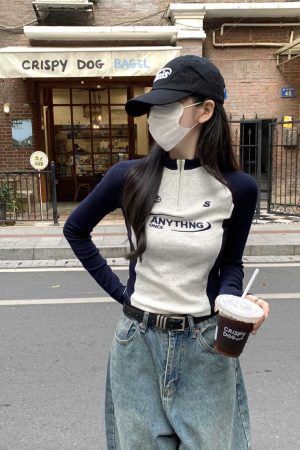 Autumn Spicy Girl Long Sleeve T-Shirt for Women, Slim-Fit Embroidered, Zipper Inner Layer, Spliced Design, Trendy Fashion Top