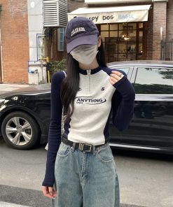 Autumn Spicy Girl Long Sleeve T-Shirt for Women, Slim-Fit Embroidered, Zipper Inner Layer, Spliced Design, Trendy Fashion Top