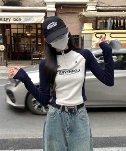 Autumn Spicy Girl Long Sleeve T-Shirt for Women, Slim-Fit Embroidered, Zipper Inner Layer, Spliced Design, Trendy Fashion Top
