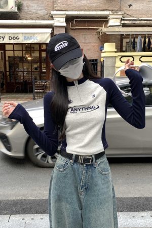 Autumn Spicy Girl Long Sleeve T-Shirt for Women, Slim-Fit Embroidered, Zipper Inner Layer, Spliced Design, Trendy Fashion Top