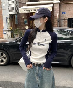 Autumn Spicy Girl Long Sleeve T-Shirt for Women, Slim-Fit Embroidered, Zipper Inner Layer, Spliced Design, Trendy Fashion Top