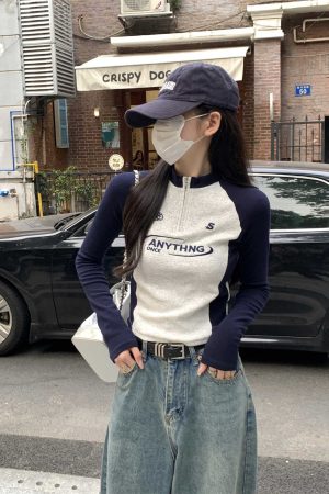 Autumn Spicy Girl Long Sleeve T-Shirt for Women, Slim-Fit Embroidered, Zipper Inner Layer, Spliced Design, Trendy Fashion Top