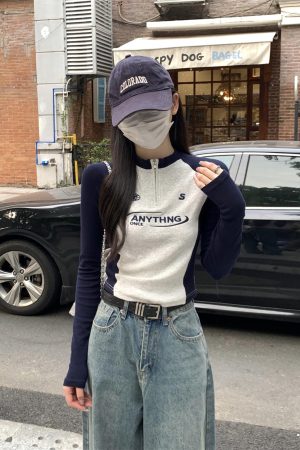 Autumn Spicy Girl Long Sleeve T-Shirt for Women, Slim-Fit Embroidered, Zipper Inner Layer, Spliced Design, Trendy Fashion Top