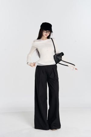 Autumn Tencel Wool Lace Flare Collar Slim Fit Base Layer Top - Stylish Two-Piece Look for 90s Inspired Fashion