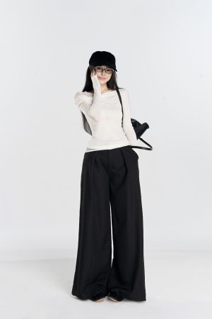 Autumn Tencel Wool Lace Flare Collar Slim Fit Base Layer Top - Stylish Two-Piece Look for 90s Inspired Fashion