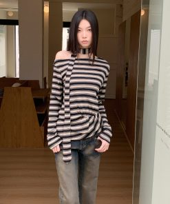 Autumn Vintage Striped High-Waisted Pleated Knit T-Shirt Top in Tencel Wool - Asymmetrical Draped Design