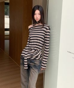 Autumn Vintage Striped High-Waisted Pleated Knit T-Shirt Top in Tencel Wool - Asymmetrical Draped Design