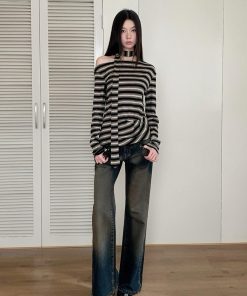 Autumn Vintage Striped High-Waisted Pleated Knit T-Shirt Top in Tencel Wool - Asymmetrical Draped Design