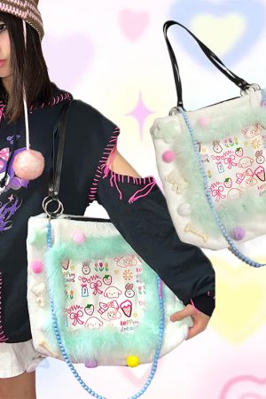 Autumn Winter Graffiti Pom-Pom Spliced Plush Handbag - Sweet Cool Furry Shoulder Tote for Trendy Girls