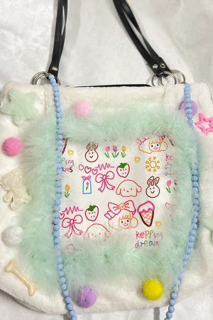 Autumn Winter Graffiti Pom-Pom Spliced Plush Handbag - Sweet Cool Furry Shoulder Tote for Trendy Girls