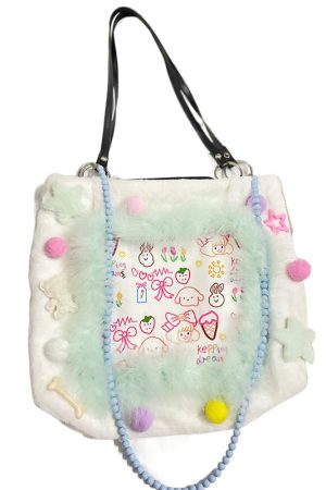 Autumn Winter Graffiti Pom-Pom Spliced Plush Handbag - Sweet Cool Furry Shoulder Tote for Trendy Girls