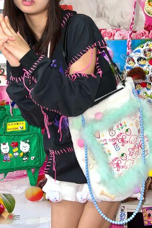 Autumn Winter Graffiti Pom-Pom Spliced Plush Handbag - Sweet Cool Furry Shoulder Tote for Trendy Girls