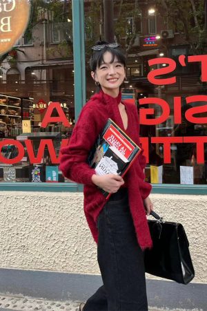 Autumn Winter Oversized V-Neck Wool Blend Sweater for Women in Pumpkin, Passionate Red, and Cool Black - Cozy Knit Fashion