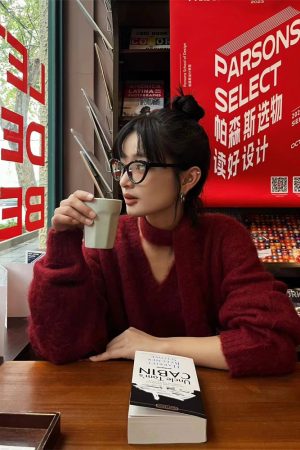 Autumn Winter Oversized V-Neck Wool Blend Sweater for Women in Pumpkin, Passionate Red, and Cool Black - Cozy Knit Fashion