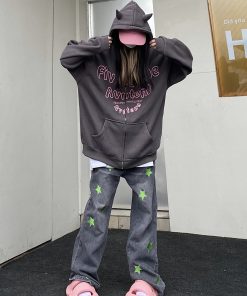 Autumn Winter Retro Fleece Little Devil Hoodie - Loose Unisex Sweatshirt for Trendy 90s and Y2K Style