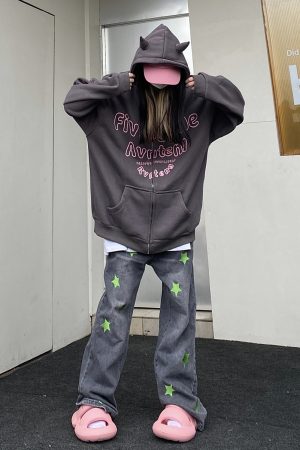 Autumn Winter Retro Fleece Little Devil Hoodie - Loose Unisex Sweatshirt for Trendy 90s and Y2K Style