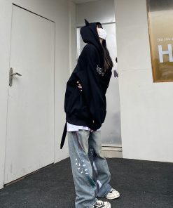 Autumn Winter Retro Fleece Little Devil Hoodie - Loose Unisex Sweatshirt for Trendy 90s and Y2K Style