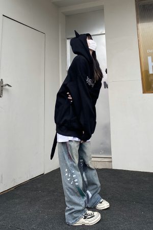 Autumn Winter Retro Fleece Little Devil Hoodie - Loose Unisex Sweatshirt for Trendy 90s and Y2K Style