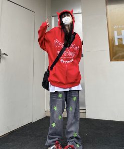 Autumn Winter Retro Fleece Little Devil Hoodie - Loose Unisex Sweatshirt for Trendy 90s and Y2K Style