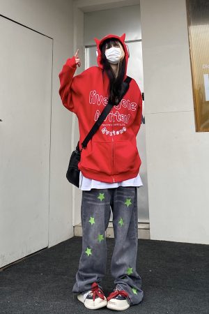 Autumn Winter Retro Fleece Little Devil Hoodie - Loose Unisex Sweatshirt for Trendy 90s and Y2K Style