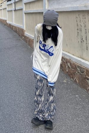 Autumn Winter V-Neck Baseball Sweatshirt with Embroidered Letters, Loose Japanese Korean Street Style, Unisex Trendy Fashion