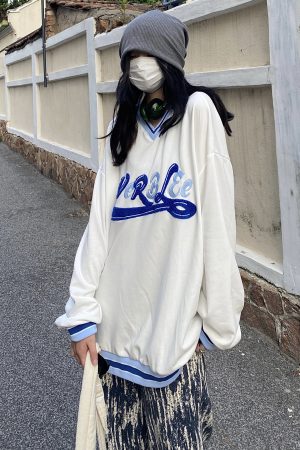 Autumn Winter V-Neck Baseball Sweatshirt with Embroidered Letters, Loose Japanese Korean Street Style, Unisex Trendy Fashion