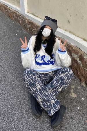 Autumn Winter V-Neck Baseball Sweatshirt with Embroidered Letters, Loose Japanese Korean Street Style, Unisex Trendy Fashion