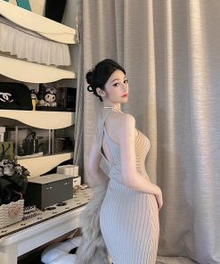 BabykinG Queen-Style Cross-Body Slim-Fit Hollow-Out Bodycon Dress - Stretchy Knitted Little Mom Fashion