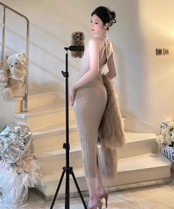 BabykinG Queen-Style Cross-Body Slim-Fit Hollow-Out Bodycon Dress - Stretchy Knitted Little Mom Fashion