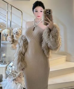 BabykinG Queen-Style Cross-Body Slim-Fit Hollow-Out Bodycon Dress - Stretchy Knitted Little Mom Fashion