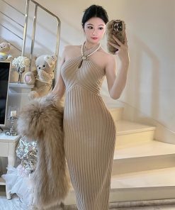 BabykinG Queen-Style Cross-Body Slim-Fit Hollow-Out Bodycon Dress - Stretchy Knitted Little Mom Fashion