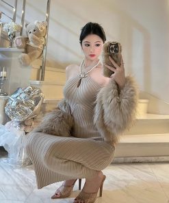 BabykinG Queen-Style Cross-Body Slim-Fit Hollow-Out Bodycon Dress - Stretchy Knitted Little Mom Fashion