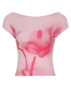 Backless Blurred Plant Print T-Shirt - Slim Fit Versatile Short Top for a Flattering Look - European American Style