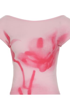 Backless Blurred Plant Print T-Shirt - Slim Fit Versatile Short Top for a Flattering Look - European American Style