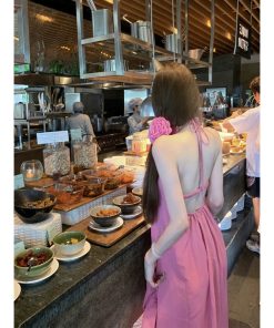 Backless Halter Maxi Dress with Chest Pads - Summer Spaghetti Strap Fairy-Inspired Vacation Style