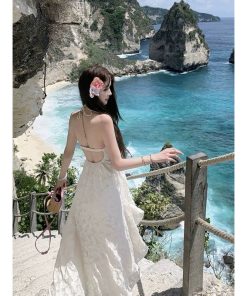 Backless Halter Maxi Dress with Chest Pads - Summer Spaghetti Strap Fairy-Inspired Vacation Style