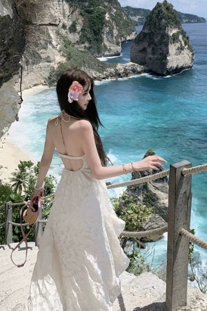 Backless Halter Maxi Dress with Chest Pads - Summer Spaghetti Strap Fairy-Inspired Vacation Style