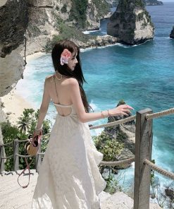 Backless Halter Maxi Dress with Chest Pads - Summer Spaghetti Strap Fairy-Inspired Vacation Style