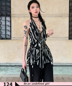 Backless Irregular Mesh Halter Top for Women - Slim Fit Trendy Design for Fashion-Forward Girls