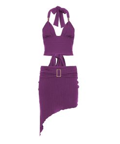 Backless Metallic Tube Top and Skirt Set - V-Neck, Tie-Back Design, Diagonal Hem, Summer Fashion for European and American Style