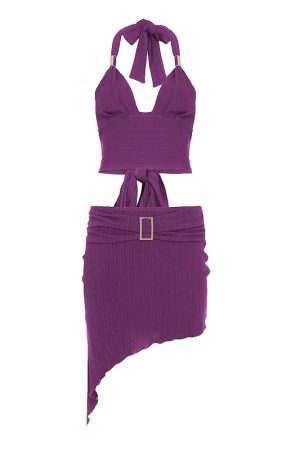 Backless Metallic Tube Top and Skirt Set - V-Neck, Tie-Back Design, Diagonal Hem, Summer Fashion for European and American Style