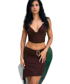 Backless Metallic Tube Top and Skirt Set - V-Neck, Tie-Back Design, Diagonal Hem, Summer Fashion for European and American Style