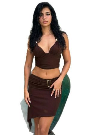 Backless Metallic Tube Top and Skirt Set - V-Neck, Tie-Back Design, Diagonal Hem, Summer Fashion for European and American Style