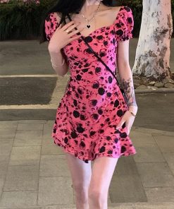 Backless Pink Floral Dress for Women - Vintage Sweet & Spicy Design, Waist-Cinching Short Skirt, Perfect for Summer 90s Style
