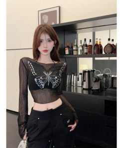 Backless Sheer Mesh Butterfly Short Top for Women - Dual Design Long Sleeve T-Shirt for Summer, Sexy 90s Y2K Style