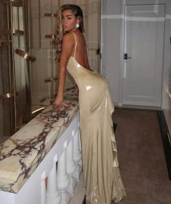 Backless Spaghetti Strap Long Dress - Glossy Pleated Bodycon Mermaid Style for Spring & Summer - European & American Fashion