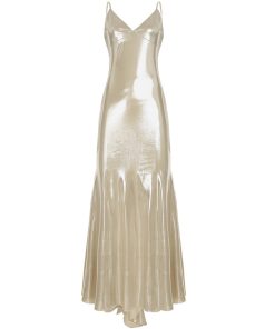 Backless Spaghetti Strap Long Dress - Glossy Pleated Bodycon Mermaid Style for Spring & Summer - European & American Fashion